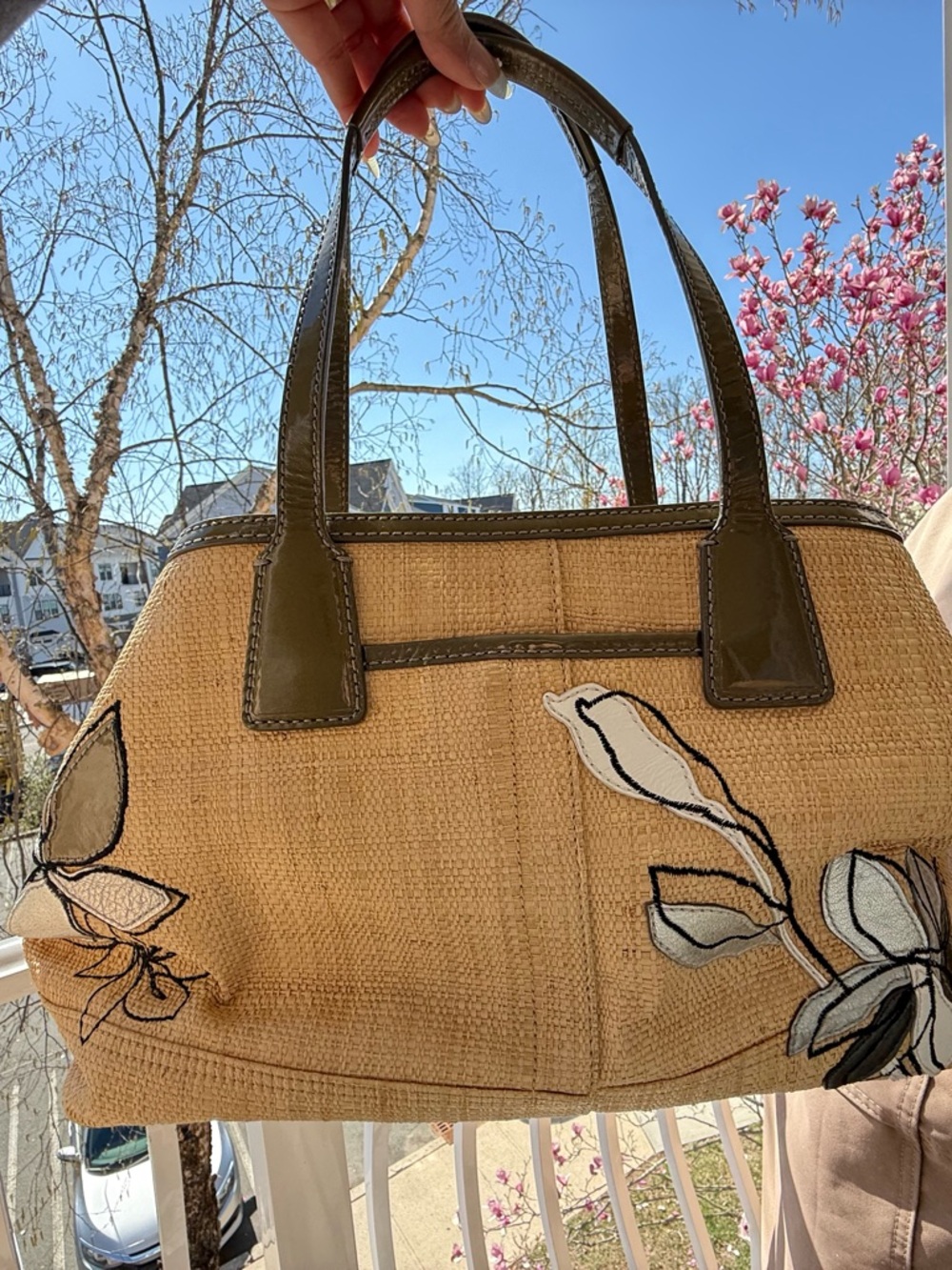 Coach Straw Tote with Olive Trim and Black, Silver Floral Applique - Picture 2 of 8